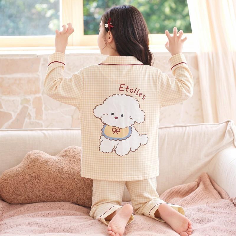 100% Cotton Girls Pajama Set Long Sleeve Cartoon Print Sleepwear Open Front Robe Style Fall