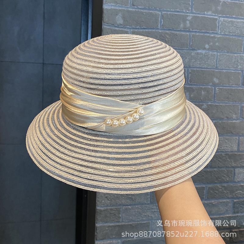 Summer New Transparent Versatile Fisherman Hat Children Pearl Chain Sunshade Sun Protection Hat Casual French Beach Top Hat