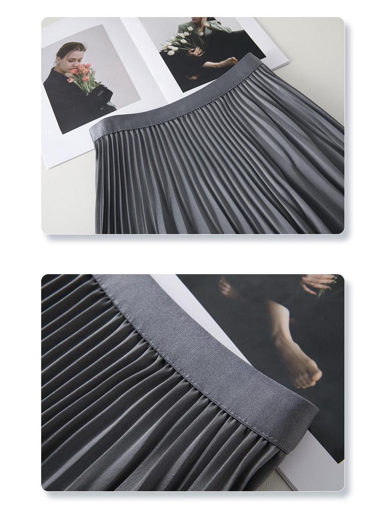 2025 Women's White High-Waist Pleated Midi A-line Skirt