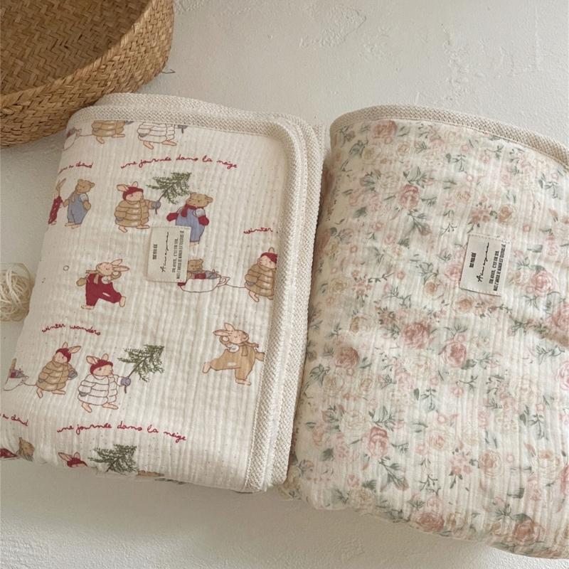 Couverture en Coton Imprimé Réversible Bord Crochet Fleur Couverture Polyvalente Double Épaisseur Chaude pour Bébés & Adultes