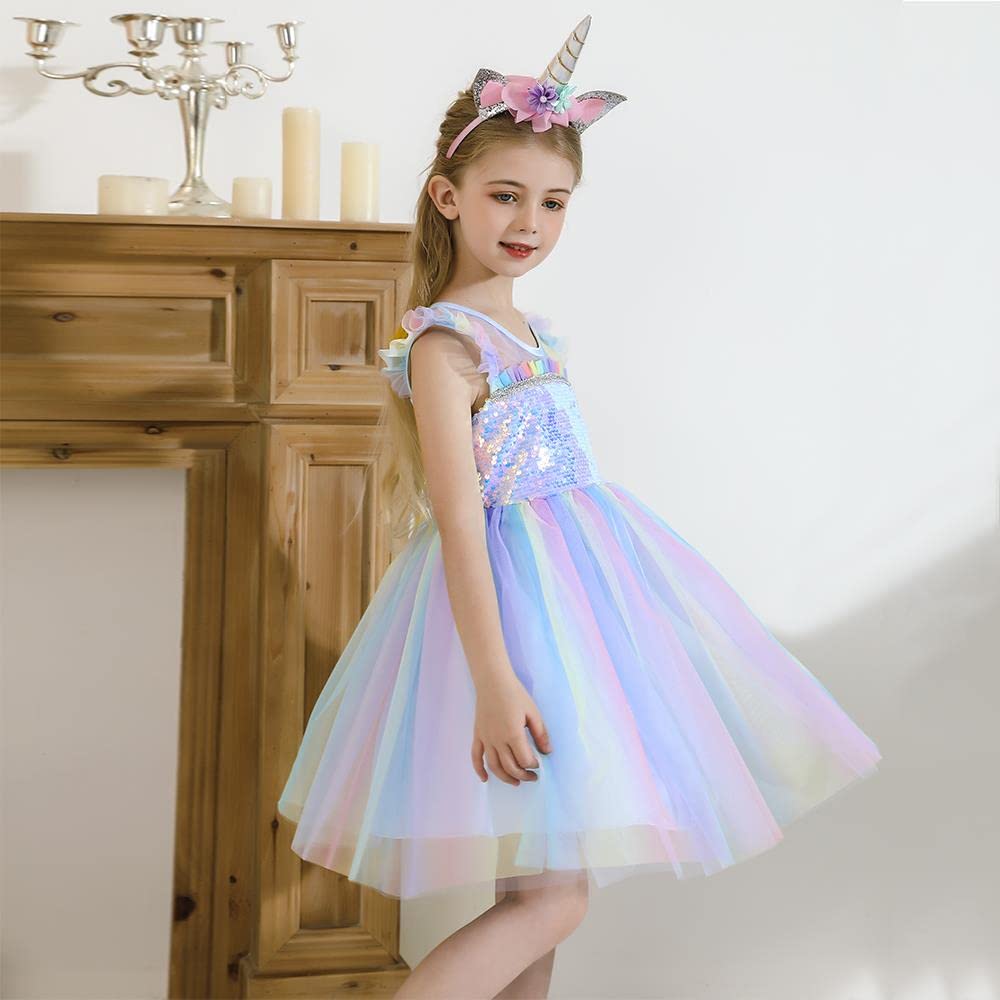 Unicorn Princess Rainbow Tulle Dress for Toddler Kids Girls Birthday Costume with Headband Fancy Party Outfit Size Years [Dressy Daisy] 2-3