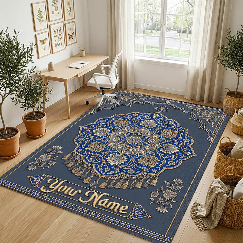 Elegant Floral Theme Soft Crystal Velvet Rug Custom Name & Text Print Non Slip Floor Rug for Bedroom Living Room