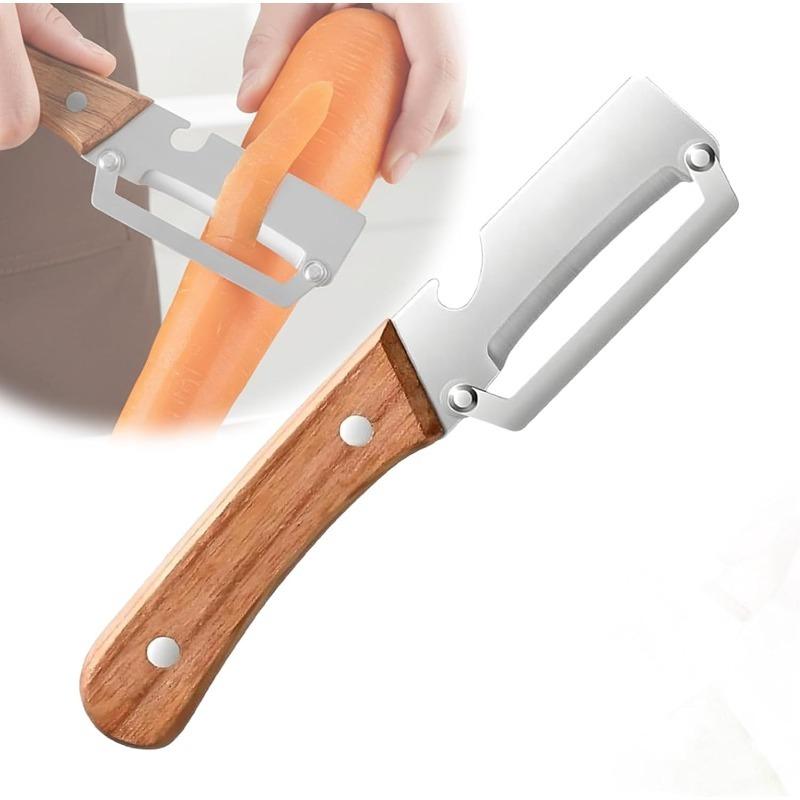 Multifunctional Vegetable Peeler with Wooden Handle and Bottle Opener, 2-in-1 Stainless Steel Blade, Camping, Apple Potato Pumpkin Papaya Peeling