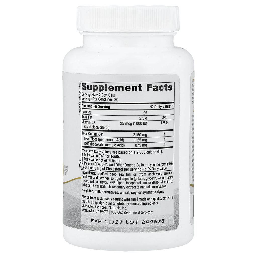 Proomega 2000-D, Lemon, 1,250Mg, 60 Softgels