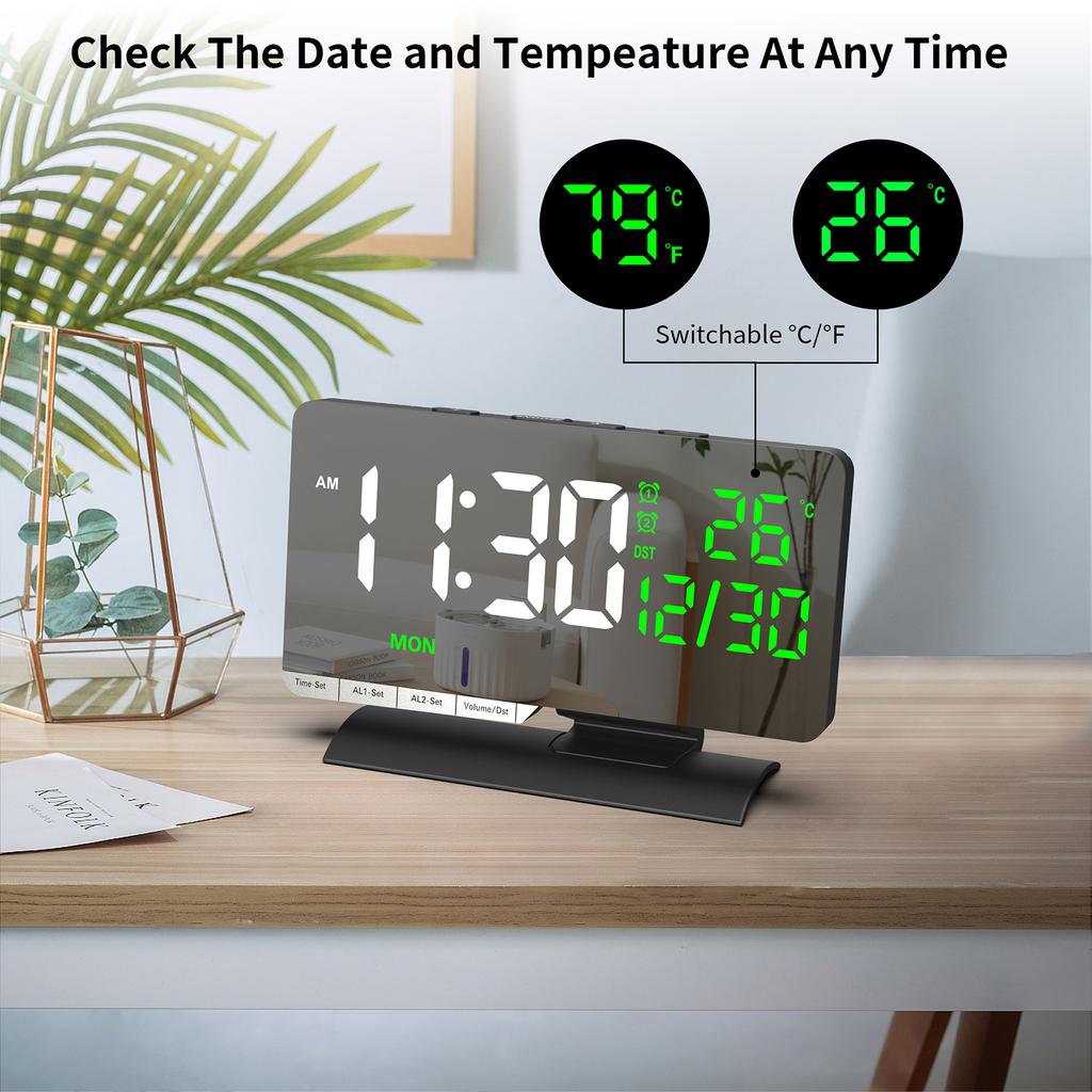 6.6 Large Display Digital Desk Clock, Dual Alarm Clock with Indoor TemperatureCelsiusDate, USBCelsiusType-C Charging Ports, 6- Dimmer, 5 Volume