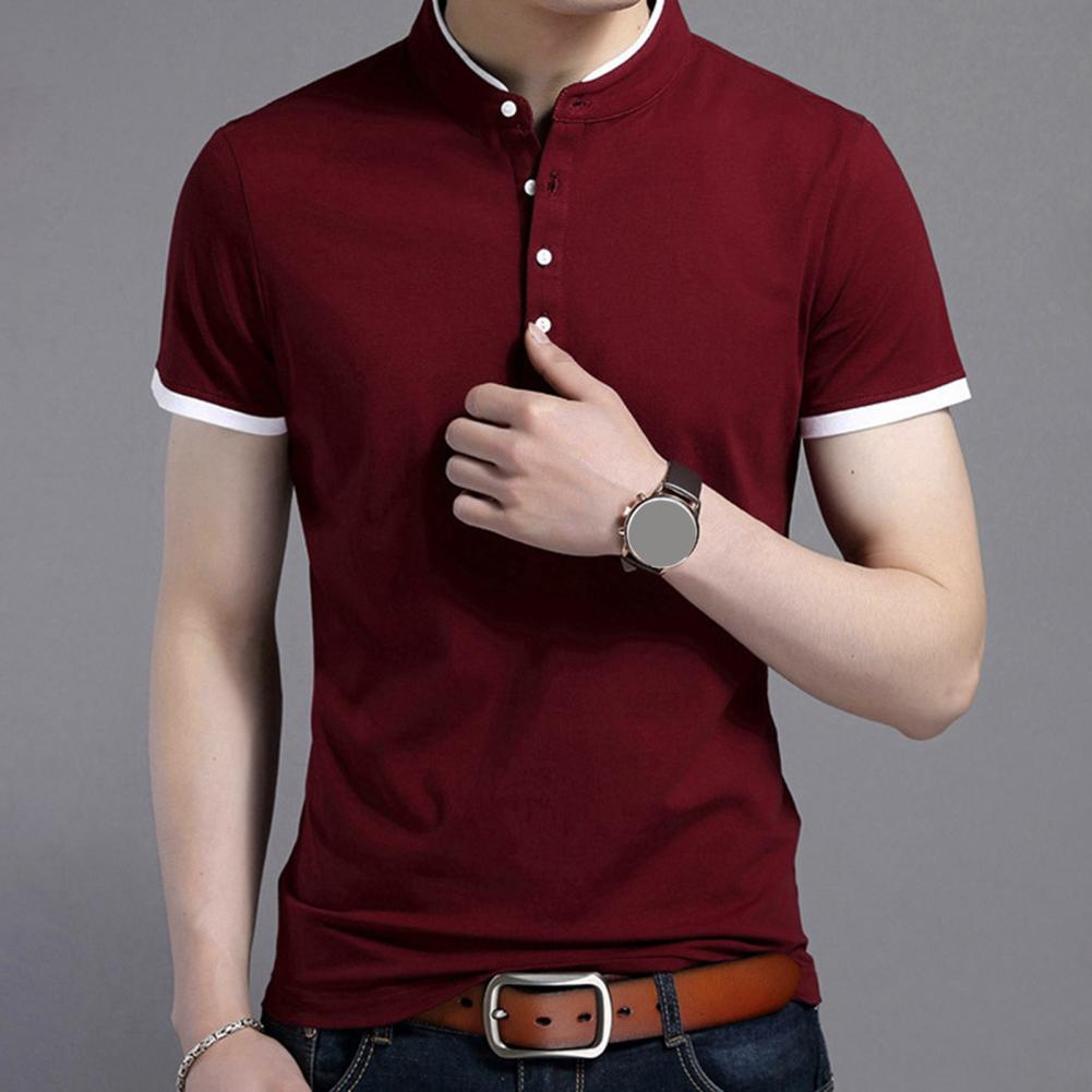 Summer Men Shirt Stand Collar Slim Fit Short Sleeves Solid Color Plus Size Buttoned Thin Pullover Formal Business Style Office T