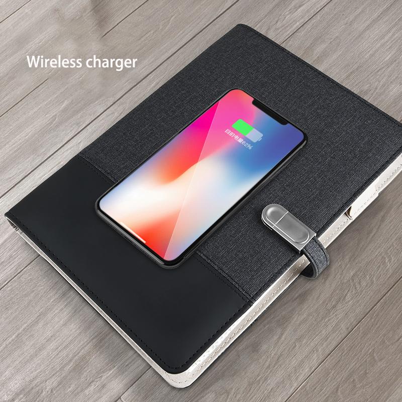 Custom Led Light Logo A5 Size Notepad 8000mah Wireless Charger Power Bank Combination Synthetic Leather Diary Notebook With Usb