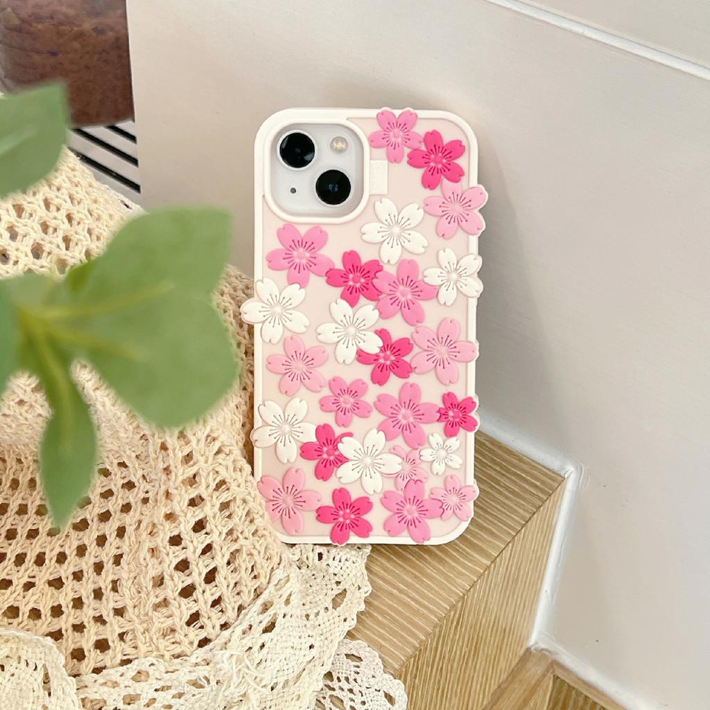 For iPhone 15 Silicone Case 3D Cherry Blossom Pattern Shockproof Phone Cover