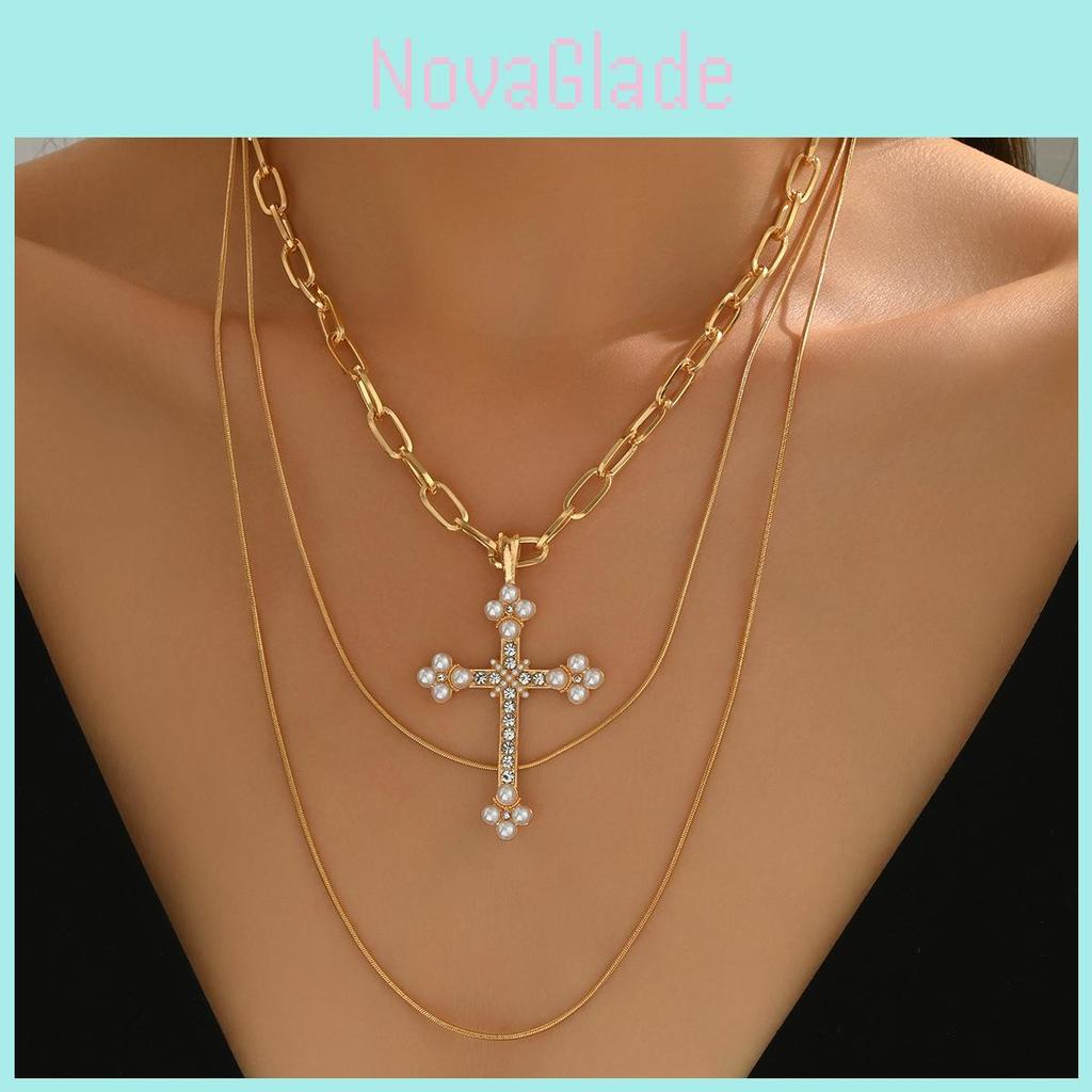 Geometric Cross Pendant Necklace For Women With Multi Layer Design And Zinc Alloy Material
