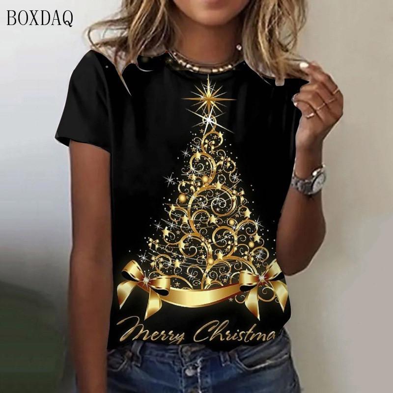 Christmas Tree Pattern Women Fashion T-Shirts Short Sleeve Christmas Days Street Trend Ladies T Shirt 3D Printed O-Neck Tops
