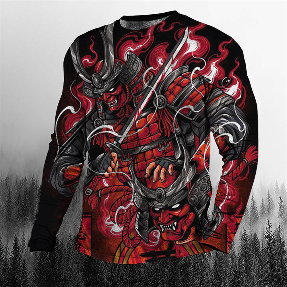 Tricou Super Cool Vintage Japonez Samurai pentru Bărbați cu Gât Rotund, Îmbrăcăminte pentru Bărbați, Mărimi Mari, Casual, Mânecă Lungă, Topuri, Tricou Imprimat 3D