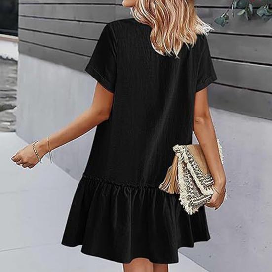 Women's Summer Cotton Linen Midi Dress Casual Short Sleeve V-Neck Button Down Dress Flowy Ruffled A-Line Beach Sundress