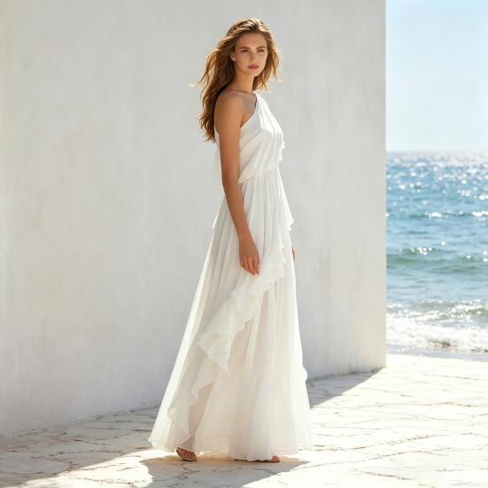 Chiffon Tiered Ruffle Dress Summer One for Women Shoulder