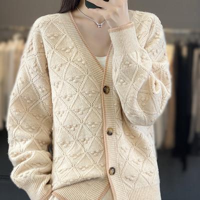 V-neck Simple Color-blocking Diamond Bulb Full Wool Button Jacket Loose Casual Autumn and Winter New Knitted Cardigan for Women