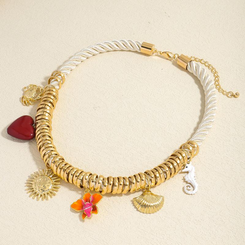 Vintage Handmade Charm Cord Necklace For Women Golden Ocean Animal Pendant Rope Chain Jewelry Summer  Wearing Gift