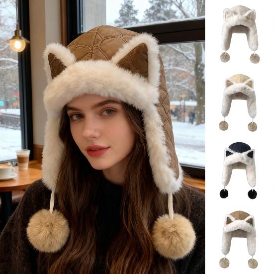 Lei Feng Hat Soft Plush Fox Ear Design Warm Imitation Rex Rabbit Fur Velvet Lined Adjustable Elastic Fit Riding Hat