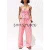 Bowknot Decoration Stripes V-neck Strap Tops 3564108 High Waist Wide Leg Casual Trousers 3564109