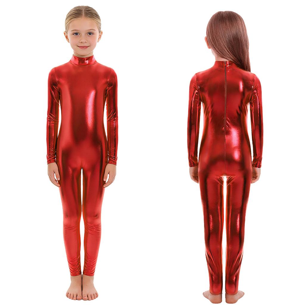 Barn Unisex Performance Jumpsuit Metallic Glansig, Långärmad Halsringad Helkroppsdräkt För Halloween & Dansrollspel