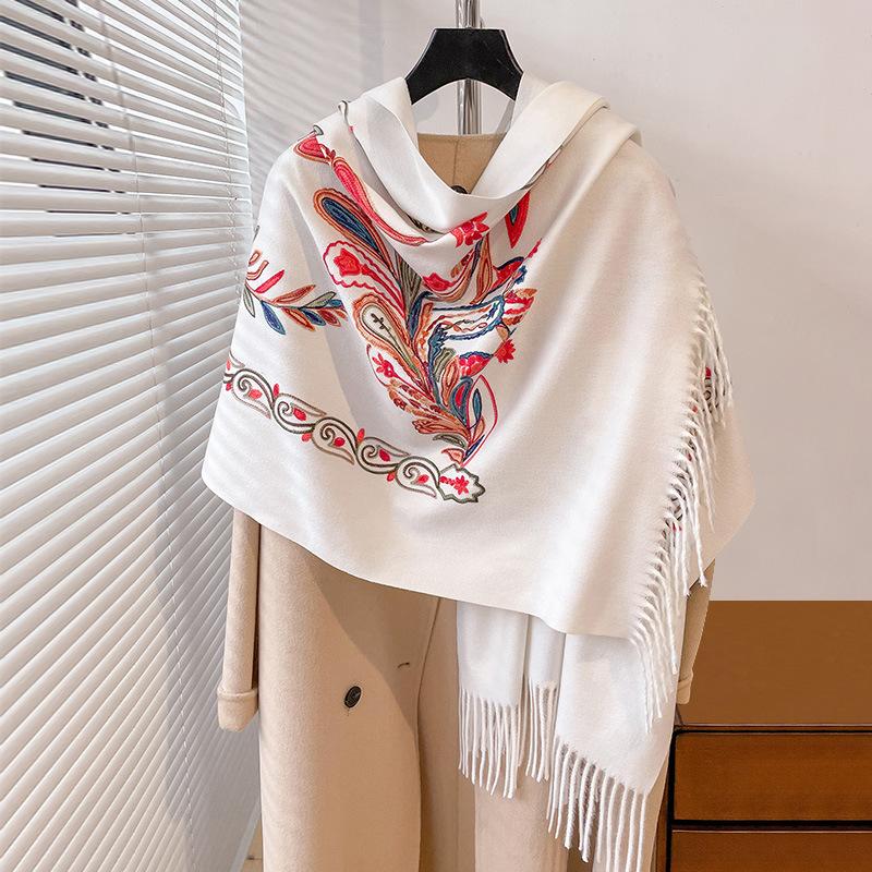 Autumn and winter travel style phoenix tail cashew embroidered imitation cashmere warm scarf ethnic style embroidered fringed shawl