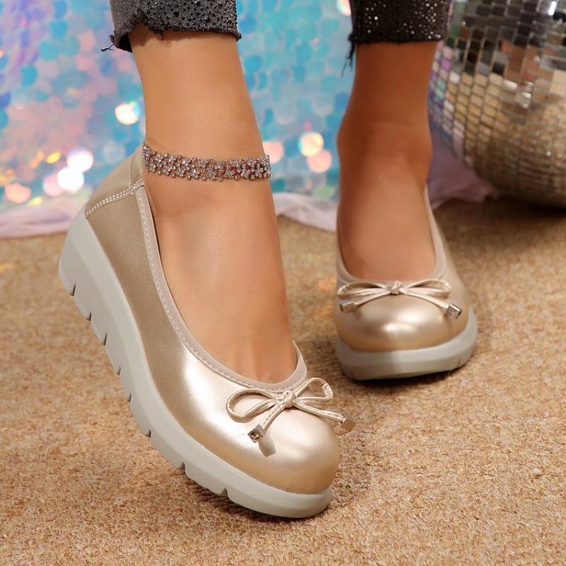 Fashion Shoes for Women 2025 Plus Size Slip on Women's High Heels Platform Daily Pumps Women Round Toe Wedges Bow Tie Shoes Female