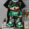 Children's Clothing 2-piece Set, Boys' Fun Cartoon Bear Print Short Sleeved T-shirt Shorts Set, Summer Sports