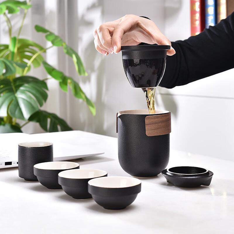 Portable Black Pottery Travel Tea Set (1 Pot, 4 Cups)