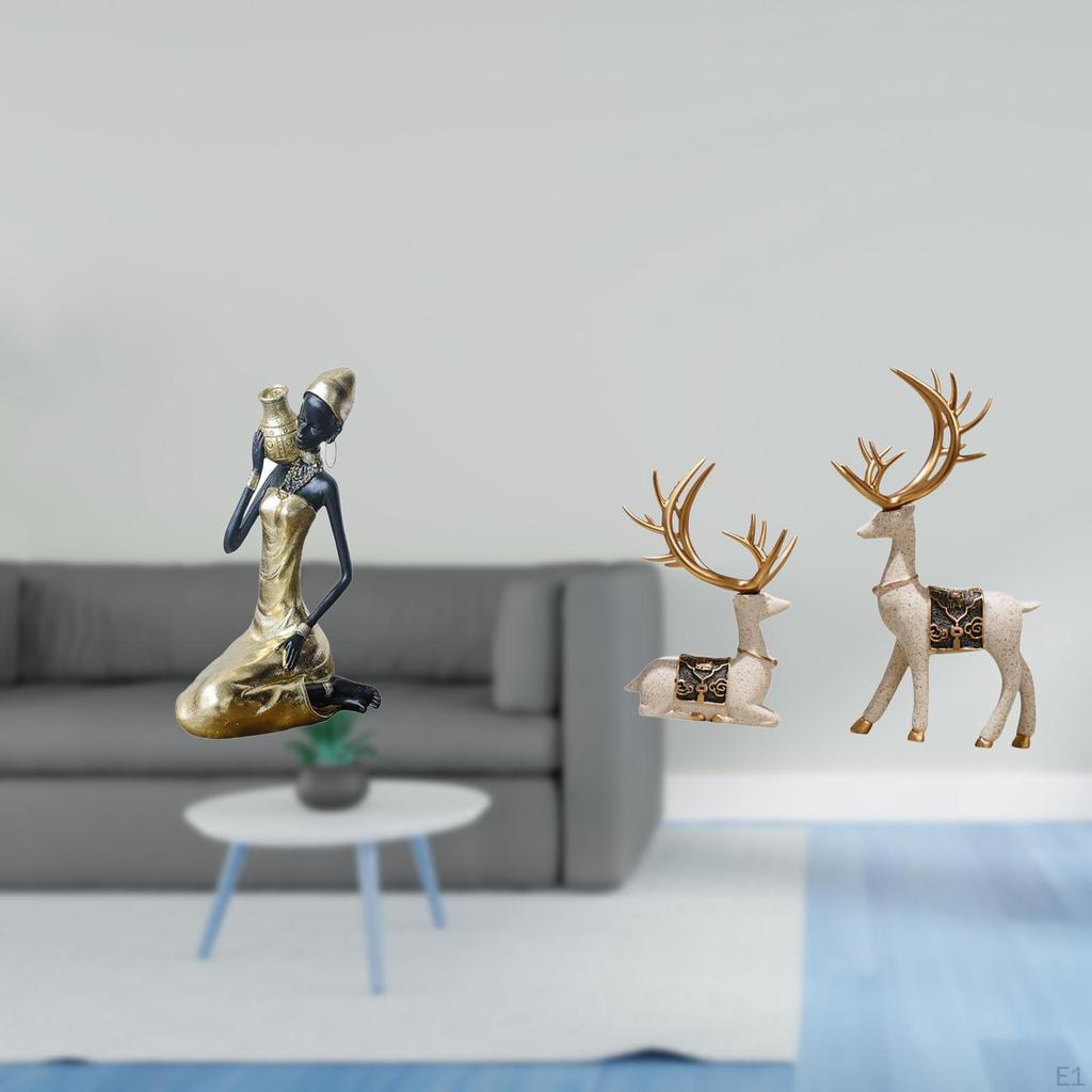 African Tribal Lady And Reindeer Statue Table Decoration Handmade Craft Collectible Art Piece Resin
