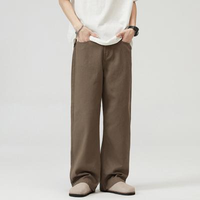 Men Pants Solid Color Straight Wide Leg Retro Style Pants with Pockets Zippered Trousers