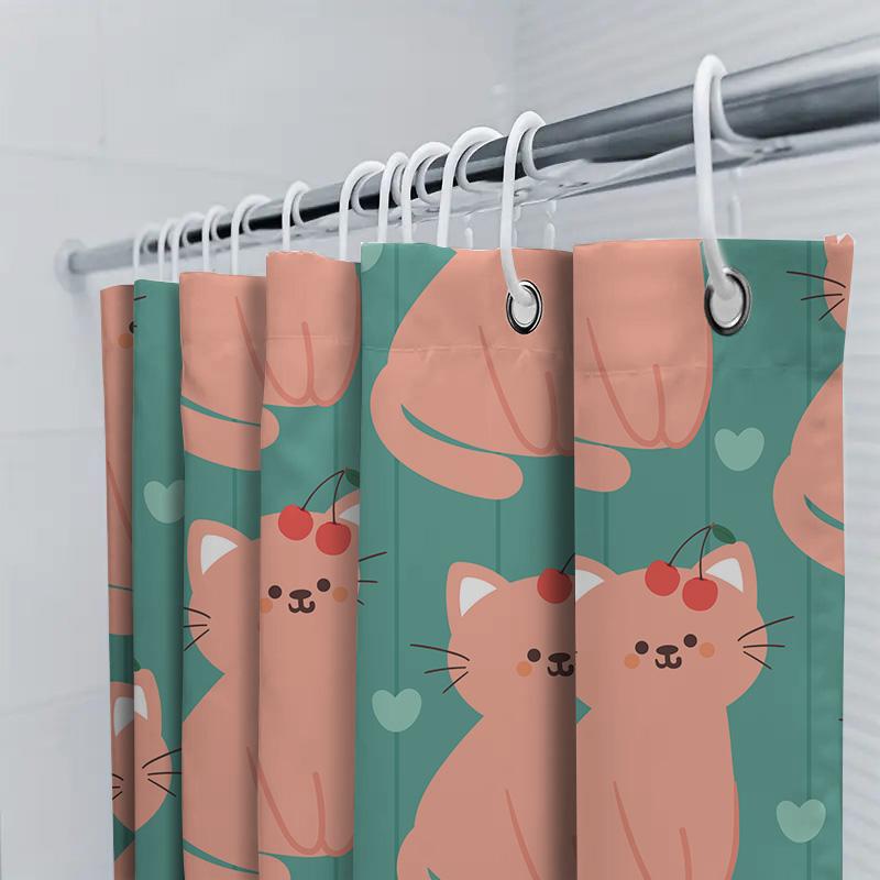 Polyester Waterproof Shower Curtain Featuring Cartoon Cherry Cats Design For Bathroom Decor, Available In Blue Green Colorway Wi