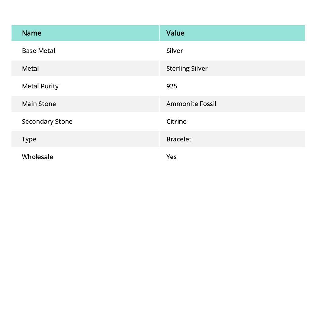 Natural Ammonite Fossil, Citrine Gemstone 925 Sterling Silver Bracelet 7-8" D5P06