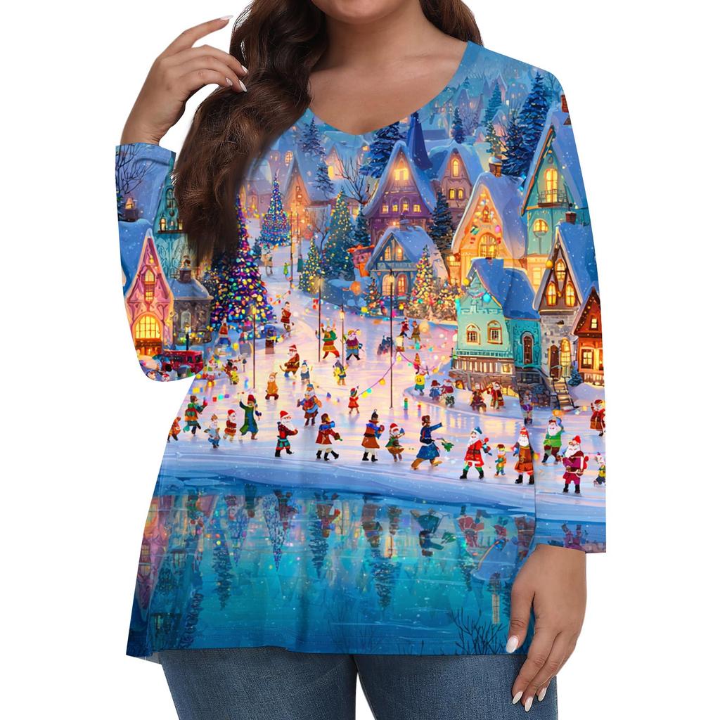 Women's Fashionable Casual Long Sleeved Plus Size  Print Top Plus Size Floral Print Top