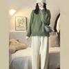 Women's Japanese Retro Green Crew Neck Pullover Sweater Loose Lazy Style Thickened for Autumn and Winter Outer Wear