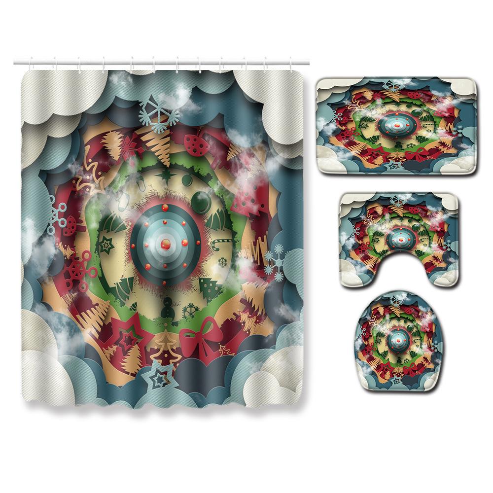 Christmas Shower Curtain Floor Mat Combination Four-Piece Set Bathroom Toilet Carpet Shower Room Mat Foot Mat