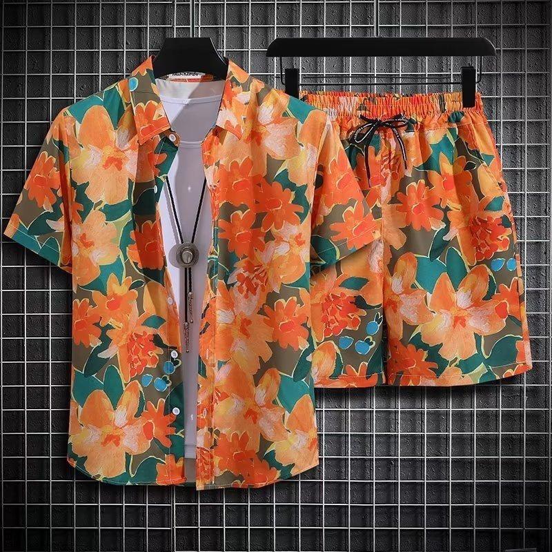 Men's Retro Floral Short-Sleeve Shirt & Beach Shorts Set for Seaside Vacations