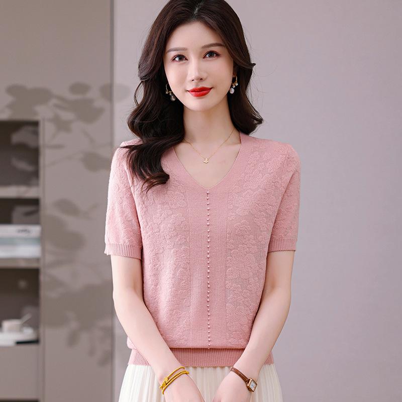 

26 New V-Neck Short-Sleeve Loose Fit Summer Top for Middle-Aged Women L (40-50 kg) розовый