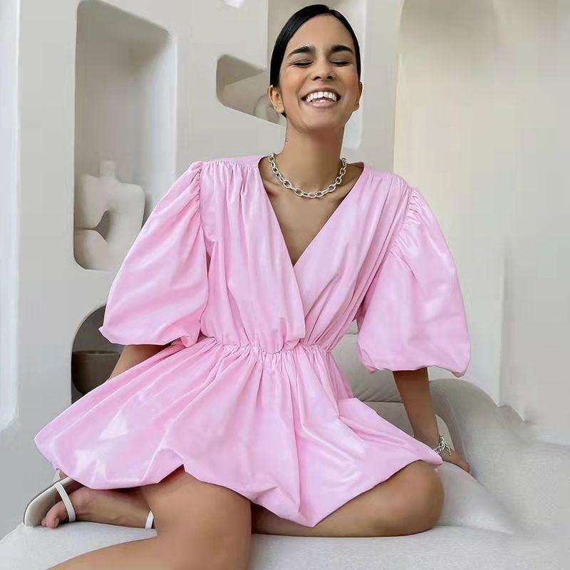 

2023European and American New Cross V-neck Puff Sleeve Dress Pink L