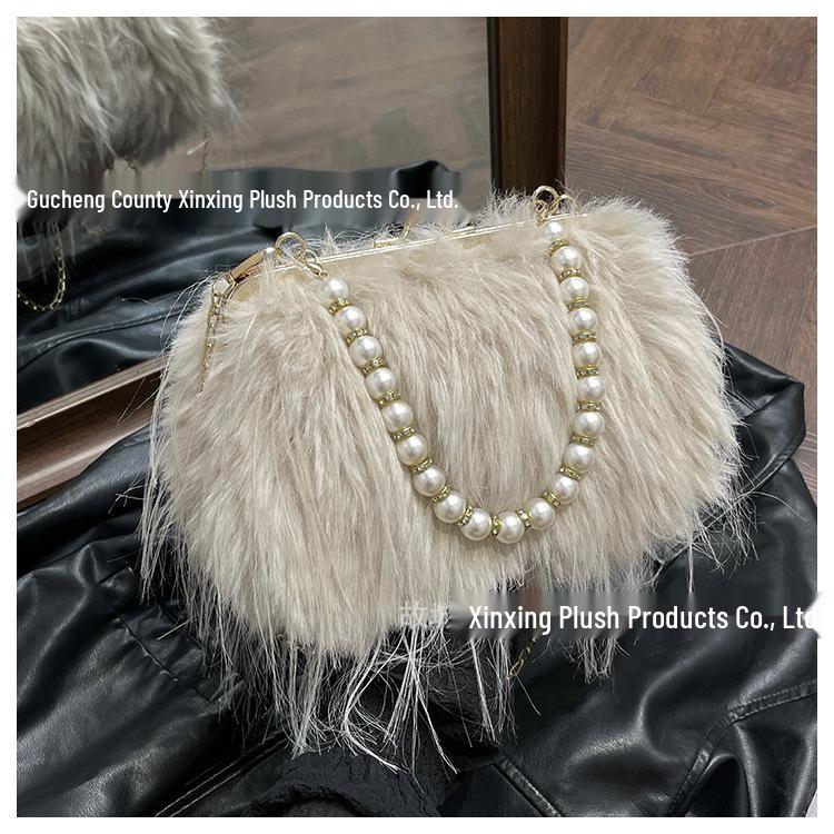 

High-End Fluffy Plush Handbag with Tassels & Pearl Chain - Shoulder & Crossbody Bag