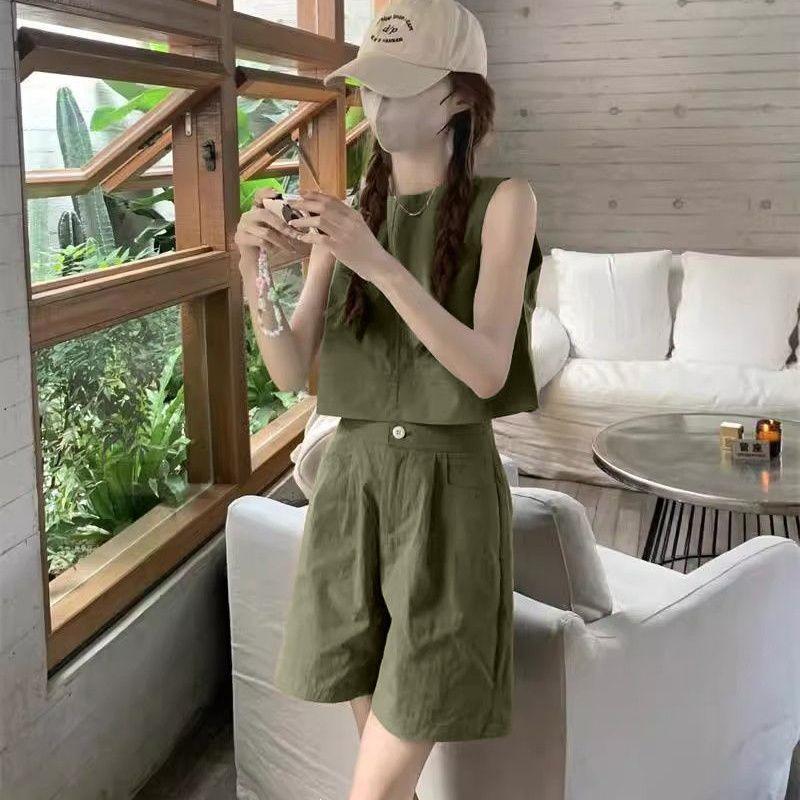 2026 Women's Casual Suit: Loose Vest Top & High-Waist Wide-Leg Shorts Two-Piece Set for Summer