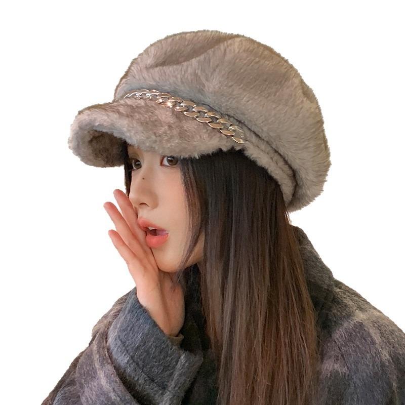Temperament imitation mink hair chain beret autumn and winter hat women's octagonal hat fleece thickened thermal hat