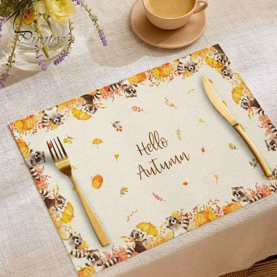 Durable Table Mats for Daily Use Pumpkin Autumn Leaves Placemat, Thanksgiving Linen Washable Heat Resistant Rustic Decorations Place Mat Dining
