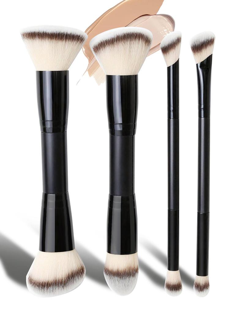 4-Piece Dual-End Makeup Brush Set: Foundation, Blush, Contour, Eye Shadow Blending with Soft Three-Color Bristles