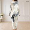 Women Plus Size Printed Half Zip Long Sleeve Longline Top Fitted Pants Two Piece Set