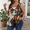 Women's Cat Print Casual O Neck Top Sleeveless Vest Loose Versatile Fashion Stylish Commuting Top
