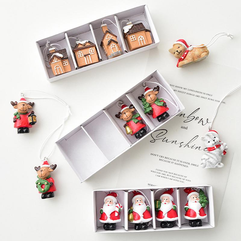 Mini Resin Christmas Tree Ornaments Set, Santa Elk Dog Cat House Pendants With Hanging Rope, 4 Pack, Classic Holiday Decor