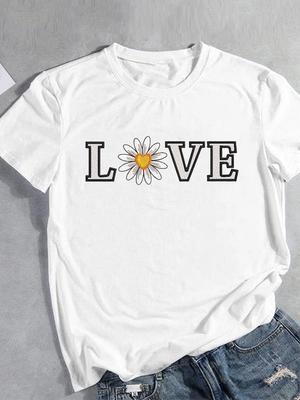 (Asiatische Größe) Frauen T-shirt Liebe Brief Blume Stil Kurzarm Mode Druck Dame Kleidung Casual T-shirt Weibliche Grafik T-shirts