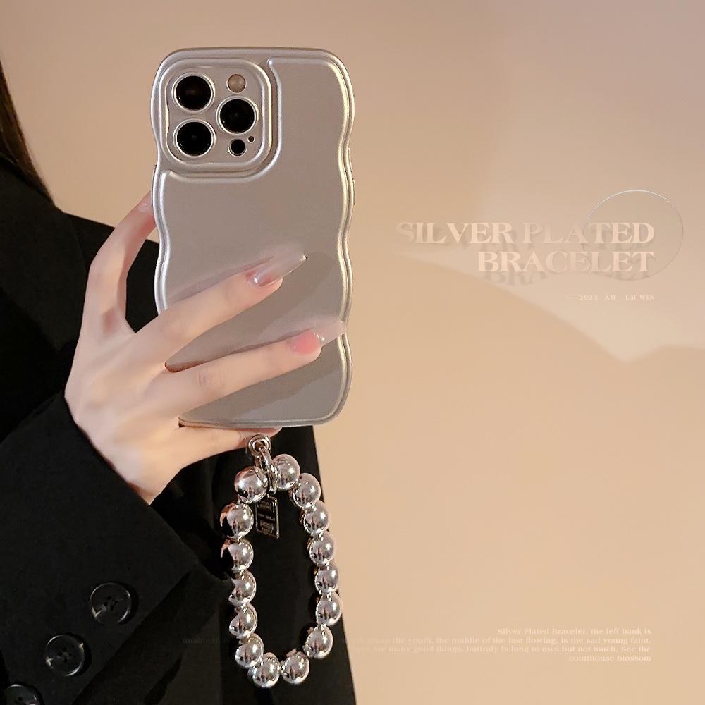 

Niche Metallic Silver Apple 15 Phone Case Chain Iphone14 Electroplated Stand 11 Compatible with 16pro Wave 13 12pro