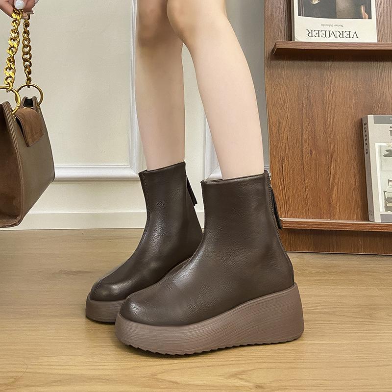 Korte laarsjes met sleehak voor dames, herfst en winter nieuw, eenvoudig, met dikke zool, warme mode laarzen, niet vermoeiend, moederlaarzen