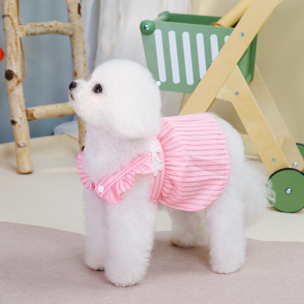Spring and Summer Dog Clothing Vertical Bar Doll Skirt Pastoral Small Fresh Lace Suspender Teddy Bigbear Small Dog Clothing