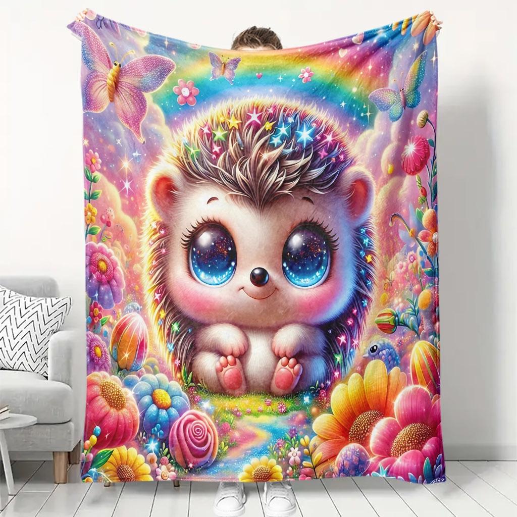 1pc Comfortable Dreamy Little Hedgehog Flannel Blanket, 100% Polyester Fiber HD Digital Print, Suitable for All Seasons, Cooling Blanket, Skin-Friendl