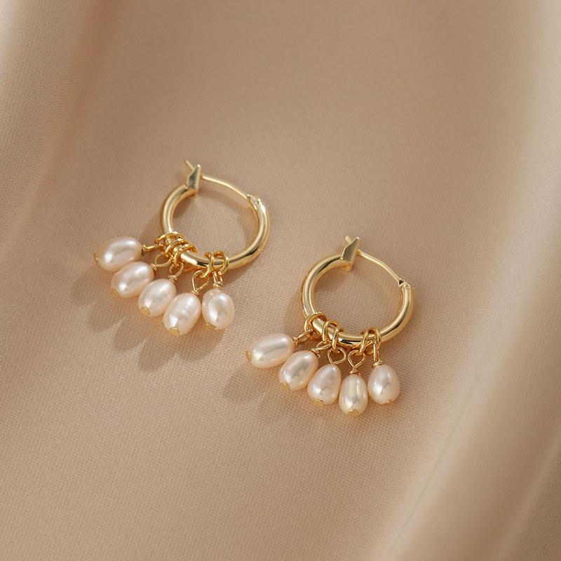 

High Quality 14K Real Gold Plated Copper Hoop Earrings For Women Genuine Freshwater Pearl Tassel Strand Wedding Party Jewelry